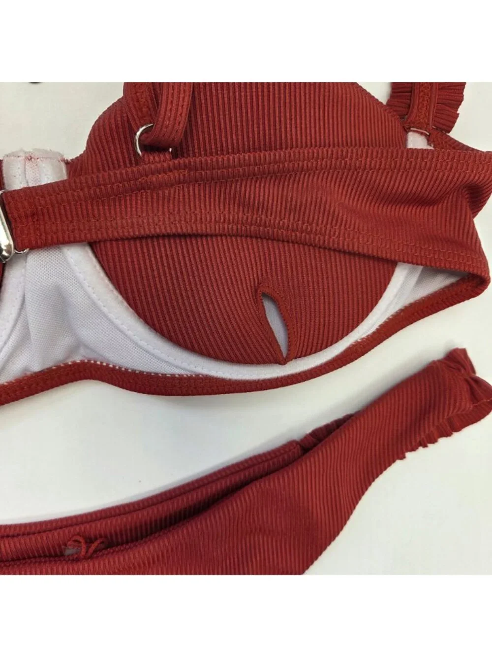 Zaful Ribbed Bikini Set W/ Ruffled Straps & High-Leg Bottoms Cranberry Size M - Picture 7 of 15